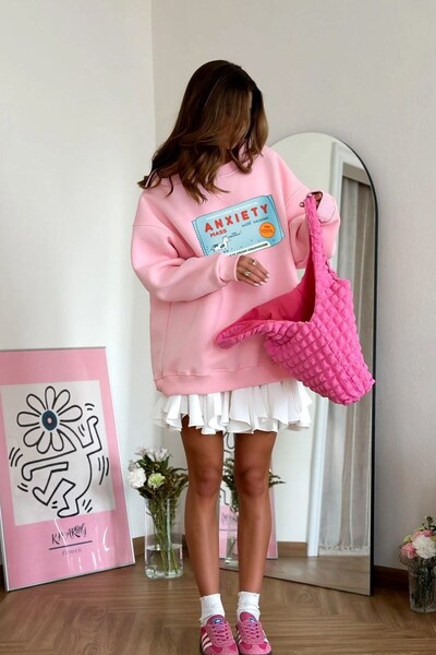 The Champ Clothing Dámské oversize mikinové šaty Anxiety Bar s potiskem růžové barvy – Crew Neck, 3-vláknový fleece