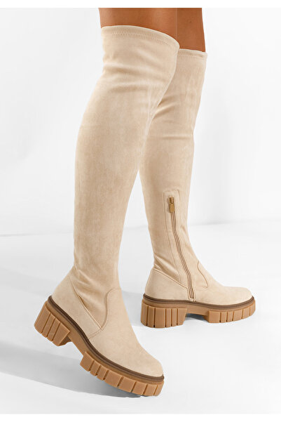 B T Shoes Cizme lungi fara toc bej Dolaria