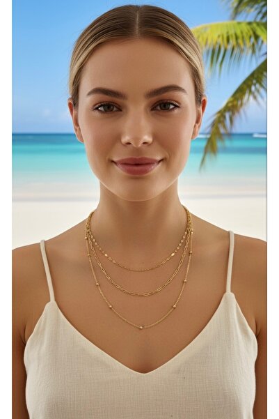 derokas 3 Lü Çelik Kadın Tasarım Kolye Zarif Şık Trend Model