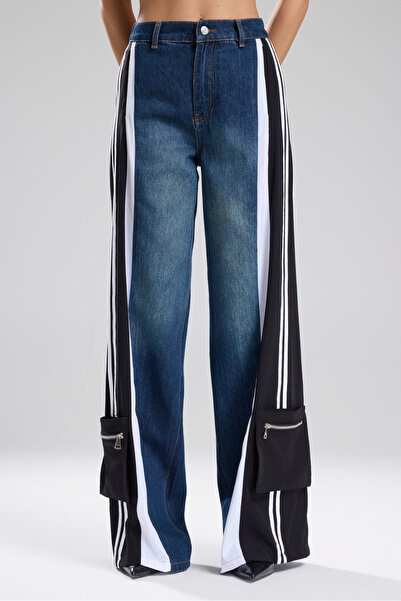 tw3 Pantaloni de damă din denim cu design cu dungi decorate