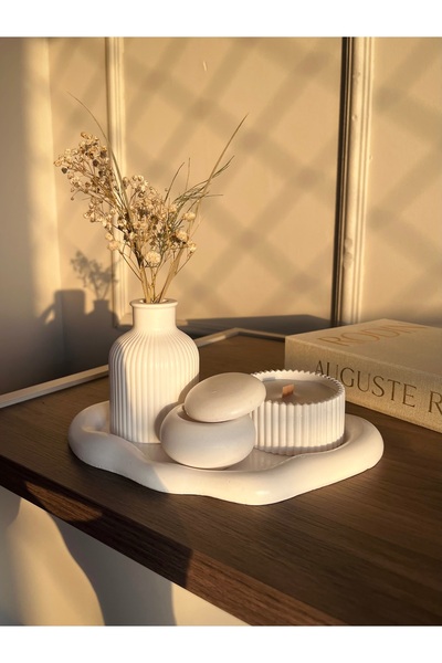 Elmessa 4lü dekoratif set-Çizgili vazo,takı saklama kutusu,mum