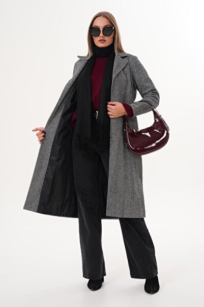 ŞİMAL Women's Houndstooth Patterned Belted Cashmere Coat 255127 -