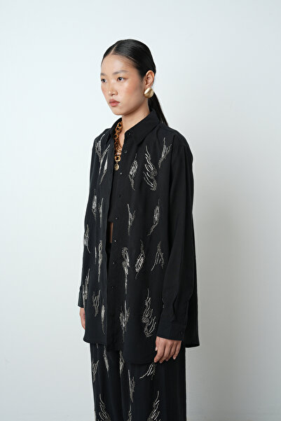 Orfeo Negro Women's Solid Color Oversize Shirt with Stone Embroidery on the Front