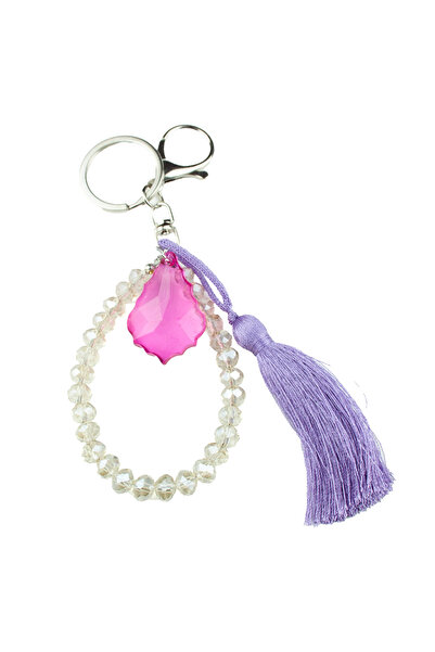 Liveyn Design سلسلة مفاتيح مزينة بشراشيب وردية اللون مع خرز كريستالي