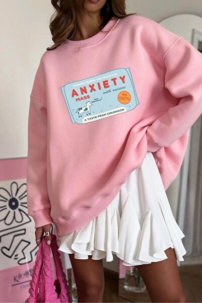 The Champ Clothing Dámské oversize mikinové šaty Anxiety Bar s potiskem růžové barvy – Crew Neck, 3-vláknový fleece