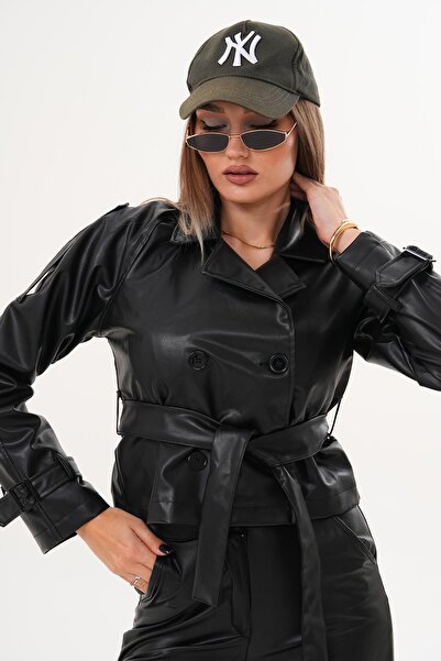 ŞİMAL Women's Double Button Belted Leather Jacket 255124 -