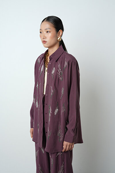 Orfeo Negro Women's Solid Color Oversize Shirt with Stone Embroidery on the Front