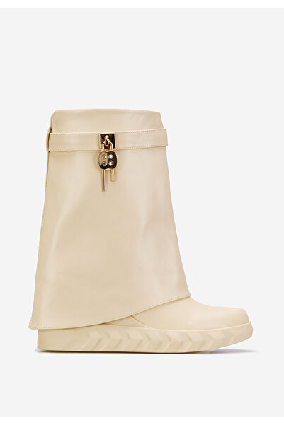 B T Shoes Béžové kozačky na klínku Serena