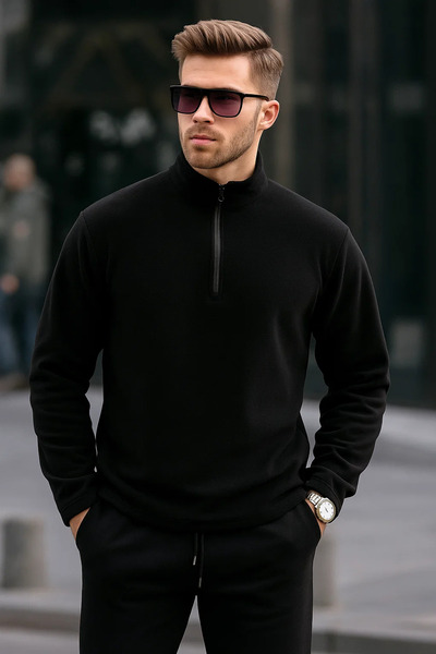 COMBİNE MİCHAİL Men's Half Zipper Winter Black Fleece Jacket