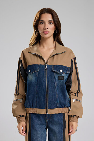 tw3 Γυναικείο τζιν μπουφάν με λεπτομέρεια σχεδίασης με ρίγες