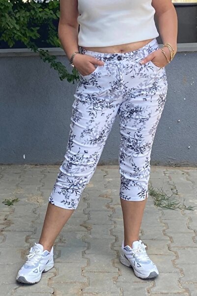 Mia Butik Women's White-Black Leaf Patterned Denim Capri