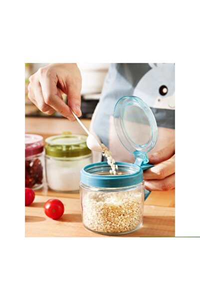 Flippy Condiment Container, Flippy, Glass, 180 ml, with Handle and Spoon, Transparent Lid, Blue