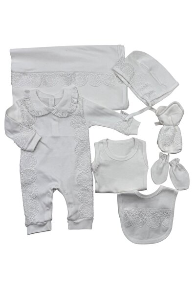 Baby day طقم استقبال مواليد بناتي 7 قطع قطن أبيض مزين بدانتيل دوائر