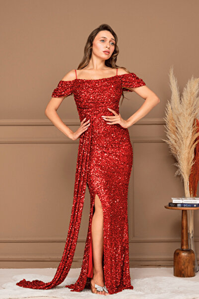 BEYBOS Pul Payet Kumaş Degaje Yaka Abiye Elbise - KIRMIZI