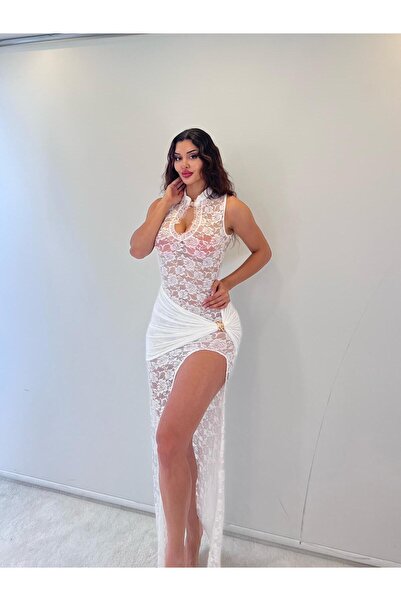 pink life Rochie maxi albă din dantelă cu detaliu de cataramă