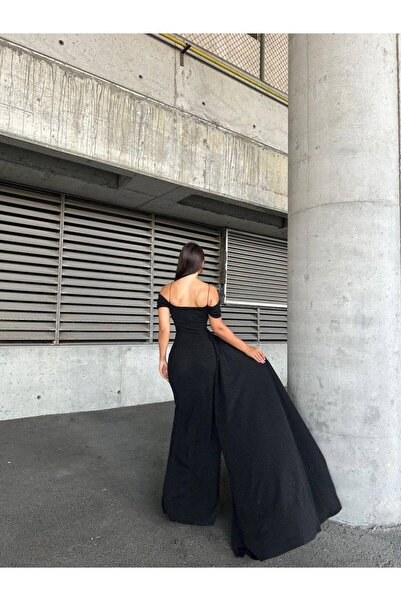 Modafeminen Flowers Esnek Kumaş Askılı Pile Detaylı Yırtmaçlı Abiye Elbise 583283 Siyah