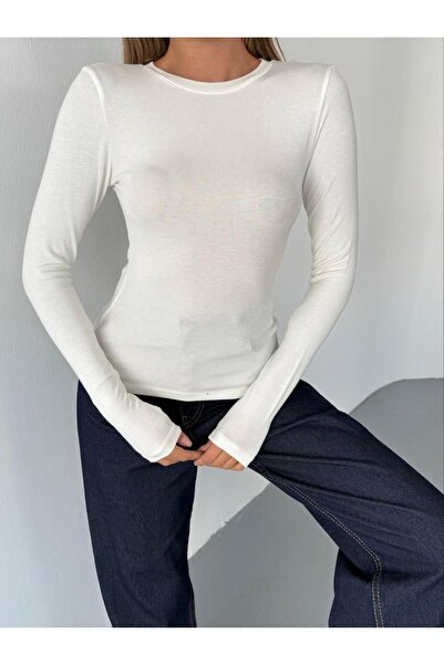 Butik Kadın Bisiklet Yaka Parmak Geçirmeli %95 Pamuklu Likralı Uzun Kollu Basic Body Bluz Beyaz