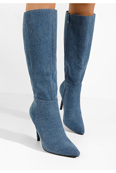 B T Shoes Denim kozačky na jehlovém podpatku Medeia