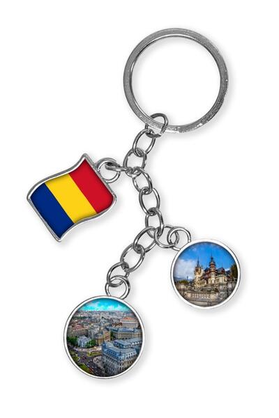 Dünyadan Hediyeler Romania Triple Epoxy Metal Double Sided Drop Keychain Romania