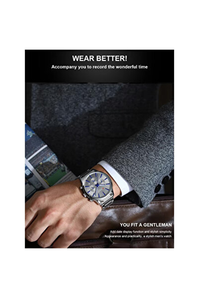 Curren 8435 Men's Chronograph Watch Silver Stainless Steel Band with Blue Accents And Grey Dial