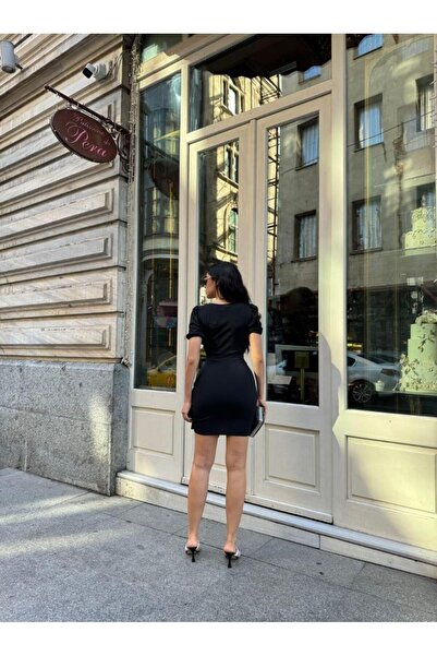 Modafeminen Asymmetrical Cut Waist Elastic Mini Dress 582937 Black