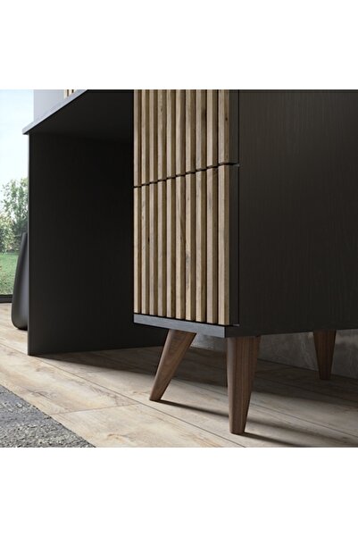 Sakura Ahşap Hunerika Terel Zebra desen Çift Çekmeceli Premium Çalışma Masası- Minifiks - siyah/Atlantik Çam