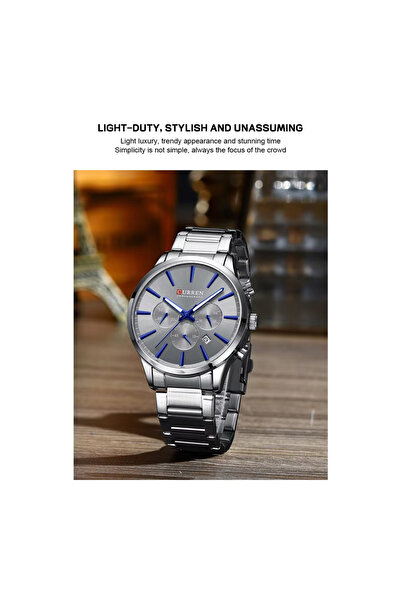 Curren 8435 Men's Chronograph Watch Silver Stainless Steel Band with Blue Accents And Grey Dial