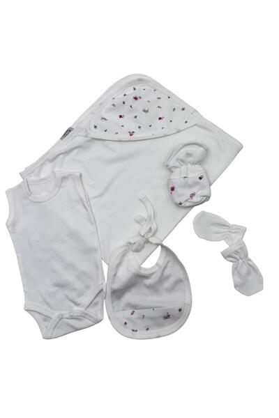 Baby day 7-piece baby girl's reception set, white cotton, printed with small roses
