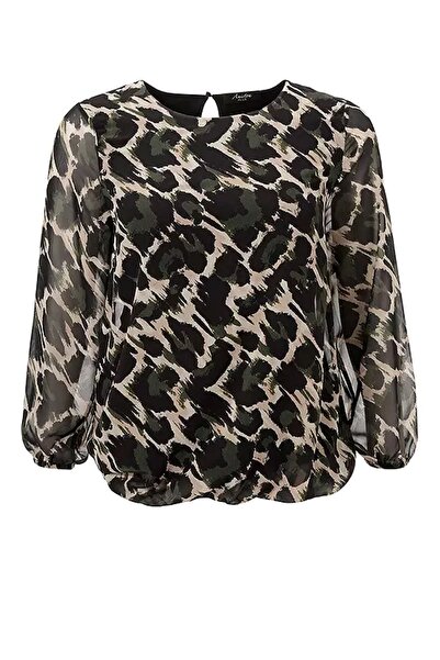 Şans Kadın Büyük Beden Haki, Kamuflaj Desenli Astarlı Şifon Bluz 65N39120