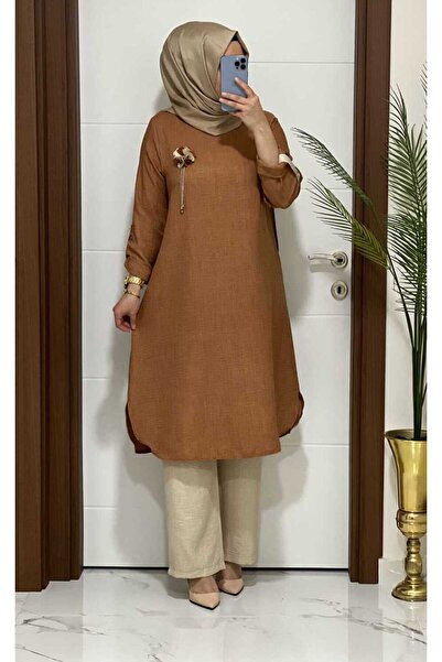 MODA ALMİRA 7750 K35 KİREMİT BROŞ HEDİYELİ BAHAR TUNİK