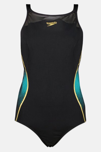 SPEEDO ملابس سباحة نسائية قطعة واحدة غير مبطنة بشعار العلامة التجارية، لون أسود