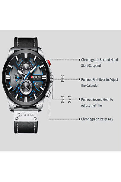 Curren 8346 Chronograph Men's Watch Black Dial with Blue Accents Leather Strap Quartz Movement