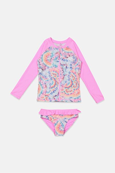 Piping Hot Kids Girl 2 Pcs Tie Dye Swimwear Rashguard Set, Pink Combo