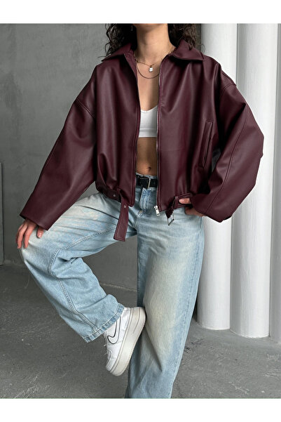 MEYASU Oversize Geniş Kol Kemer Detaylı Bomber Deri Ceket