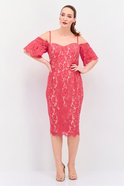 City Chic Women Plus Size Textured Midi Dress, Red/Beige