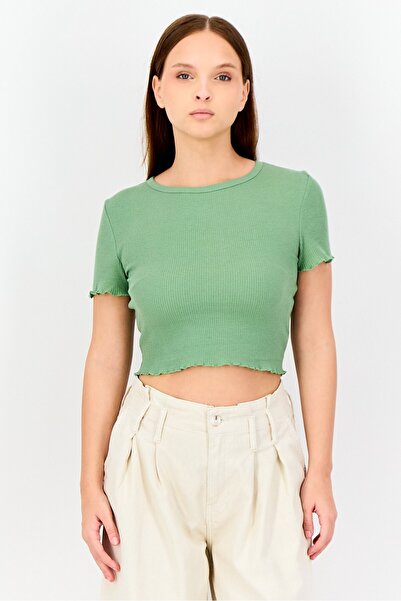 Don't Call Me Jennyfer Women Crew Neck Short Sleeve Textured Top, Green