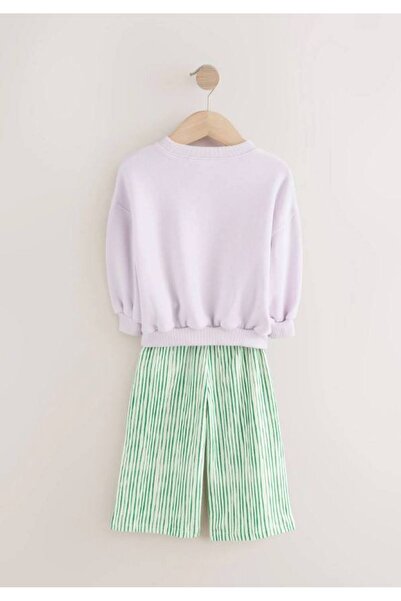 ibeeka Girl's Embossed Applique Print Detailed Sweatshirt Green White Striped Jogger Bottom Top Set