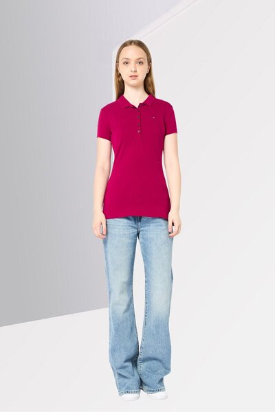 Tommy Hilfiger Women Slim Fit Short Sleeve Brand Logo Polo, Burgundy