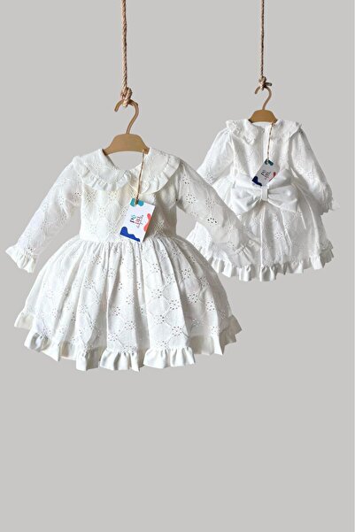 penu baby kids Ecru Baby Collared Bowknot Scalloped Fabric Long Sleeve Girl's Baby Girl Dress