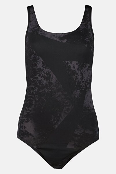 SPEEDO ملابس سباحة نسائية من قطعة واحدة مطرزة بشعار، لون أسود