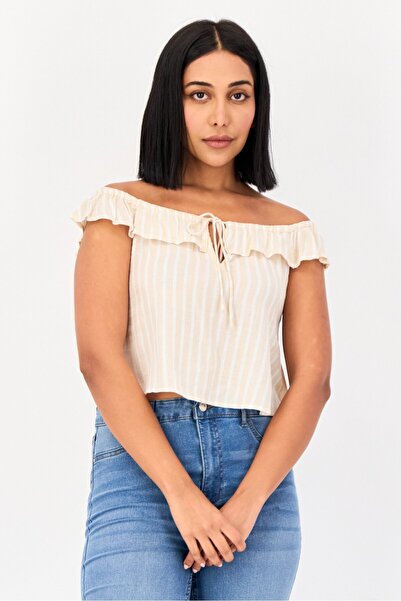 BİLLABONG Women Off Shoulder Ruffle Sleeve Stripe Top, Multicolor