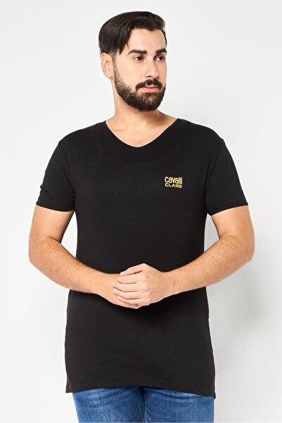 Cavalli Class Men V Neck Short Sleeve Brand Logo T-Shirt, Black