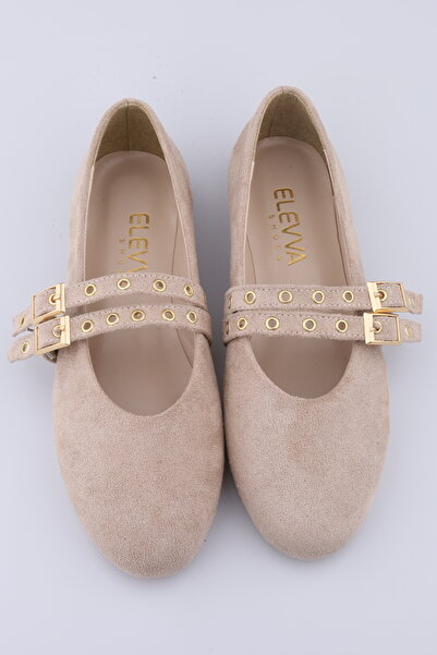 moon glow Γυναικείες μπαλαρίνες σε μπεζ σουέντ χρώμα, με καρφιά και διπλή πόρπη | Καθημερινά άνετα παπούτσια Mary Jane με επίπεδη σόλα
