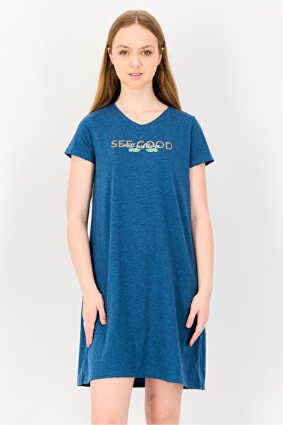 Zivame x Rosaline Women Graphic Print Short Sleeves Sleeping Dress, Teal Blue