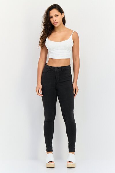 JDY Women Skinny Fit Solid Stretchable Straight Jeans, Black