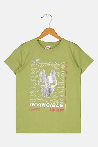 Marvel تي شيرت بأكمام قصيرة مطبوع عليه رسومات أفنجرز للأولاد، زيتوني