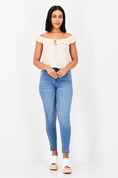 BİLLABONG Women Off Shoulder Ruffle Sleeve Stripe Top, Multicolor