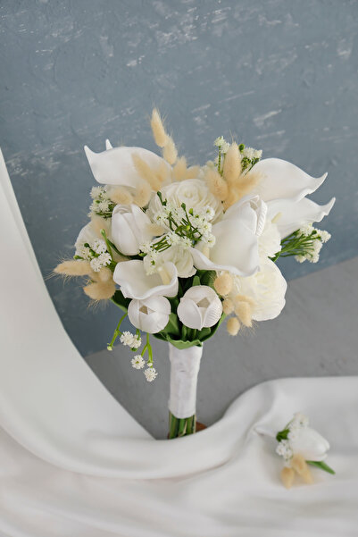 Uğur Gelin Buketi Lale Gala Gül Beyaz Natural Gelin Buketi