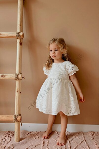 penu baby kids Ecru Floral Patterned Scalloped Fabric Bow Short Sleeve Girl's Baby Girl Dress