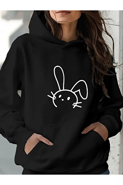 FUFLUNS سويت شيرت بقلنسوة كبير الحجم مطبوع عليه صورة أرنب للجنسين (نسائي/رجالي)